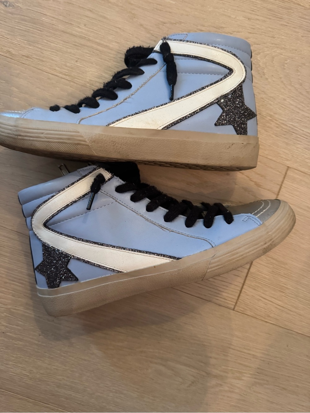 Women's Light Blue High-Top Sneakers with Glitter Star Accent